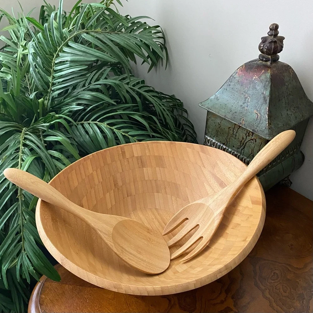 Island Bamboo Salad Serving Bowl with Utensils